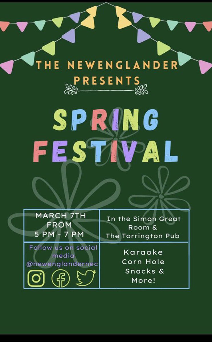 NEC_Comm's tweet photo. @newenglandernec is hosting Spring Festival this Monday!

Games, food, and fun held in the Great Room and The Pub.

All students are welcome! https://t.co/ASltQH1GsW