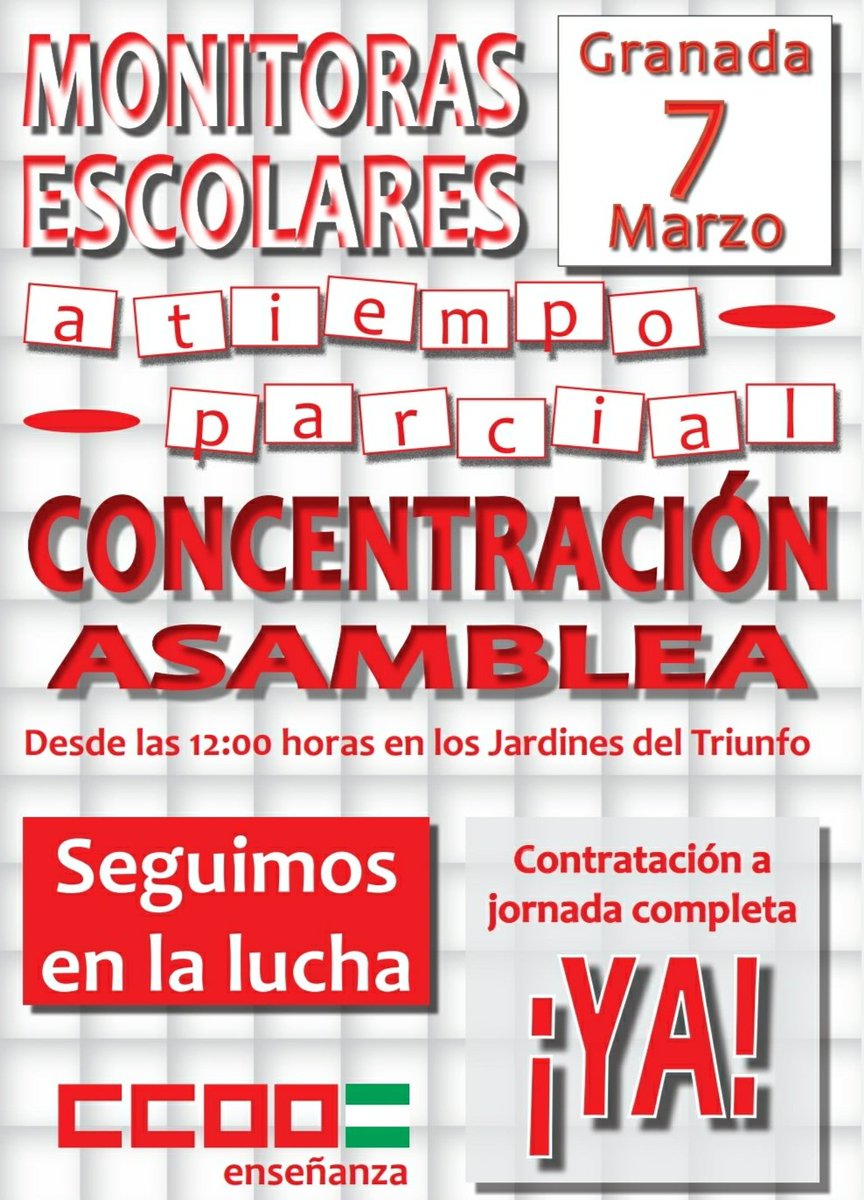 feccoogranada's tweet image. Este #lunes, en los jardines del triunfo, a las 12:00, concentración y posterior asamblea. Las #monitoras escolares deben contratarse a jornada completa ¡Ya! #MonitorasEnLucha #CCOO #Granada