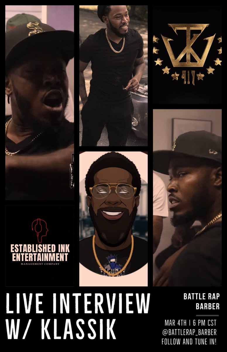 EstablishedInk's tweet photo. Tap in tonight, 6PM CST (7PM EST) to @BattleRapBarber as he interviews @WhoIsKlassik this is gonna be legendary 🔥💯
#battlerap #battleraptawk #battleraptrap #rap #rapper #hiphop #hiphopmusic #efm #urlresolution #chrome23 #osbl https://t.co/uDCBa7VK7U