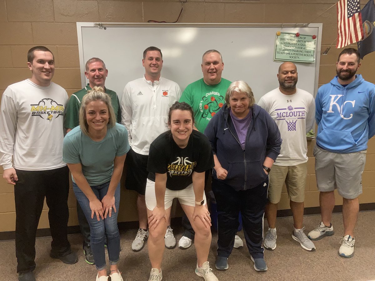 JCNwbb's tweet photo. It's not often all the NEKL Girls coaches can get together.  Great idea by Coach Shupe to get a picture while all of us were together.   @jhcobras @OskaloosaBears @MHMARavens @VFDragons @McLouthBulldogs @USD449 @USD430 @ACCHS_Hoops https://t.co/tdemS93Dve