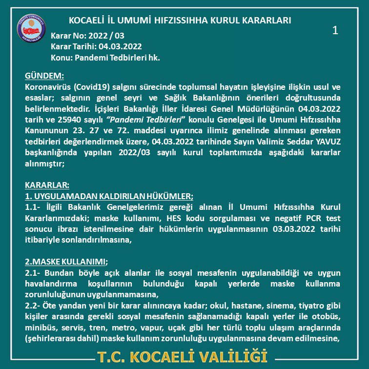 kocaelivaliligi's tweet photo. Kocaeli İl Umumi Hıfzıssıhha Kurul Kararları 2022-03 https://t.co/NO72Qnb2uw
@SeddarYavuz https://t.co/3GMBJFlQlq