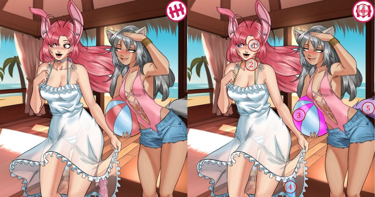 Jaeger9161's tweet photo. @hentai__heroes 1. Bunny's eyes turned blue.
2. Bunny's straps (and necklace?) turned green.
3. Beach ball's stripes turned pink.
4. Watter bottle turned blue.
5. Lupa's tail turned purple.
6. HH logo tilted right.

ID: 323441 HentaiHeroes https://t.co/vtpB0chQ5A