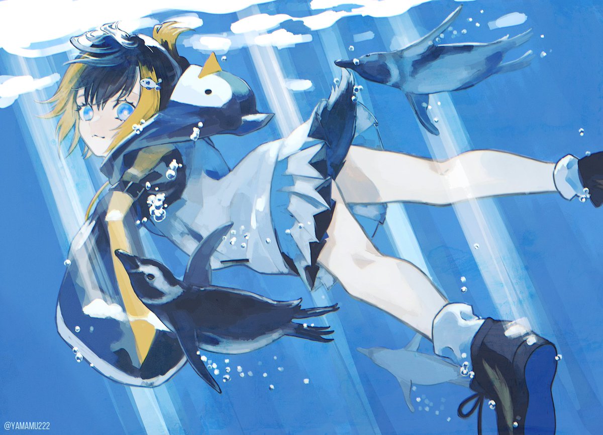 1girl blue eyes hood penguin hoodie bird underwater  illustration images
