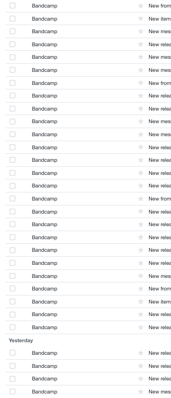 I don't know what the @Bandcamp-@EpicGames news means, but I hope I continue to experience the joy of a full inbox on Bandcamp Fri. (W/anyone else, this might read like a spam complaint. Not at all! Nothing but love for good creative folks telling me about their creative work!)