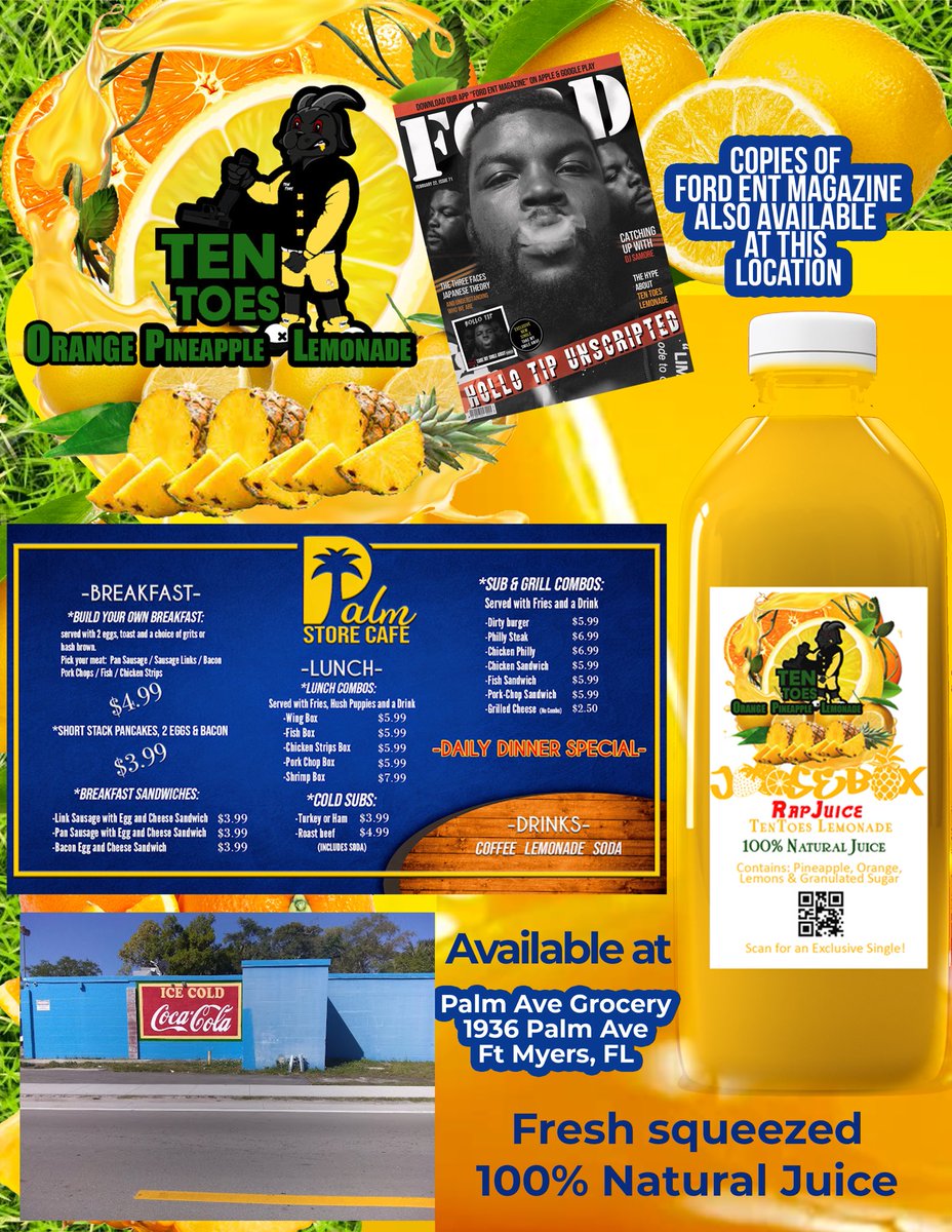 IamLadyChelle's tweet image. Pair up your lunch from Palm Ave Grocery with a fresh bottle of #TenToesLemonade the exclusive juice of @hollo_tentoes!! While you're there, pick up a copy of #Issue71 of @Fordentmag 🔥Located at 1936 Palm Ave, Ft Myers, FL 
👣 #TenToes #FordEntMag #FleetDjs #FleetNation