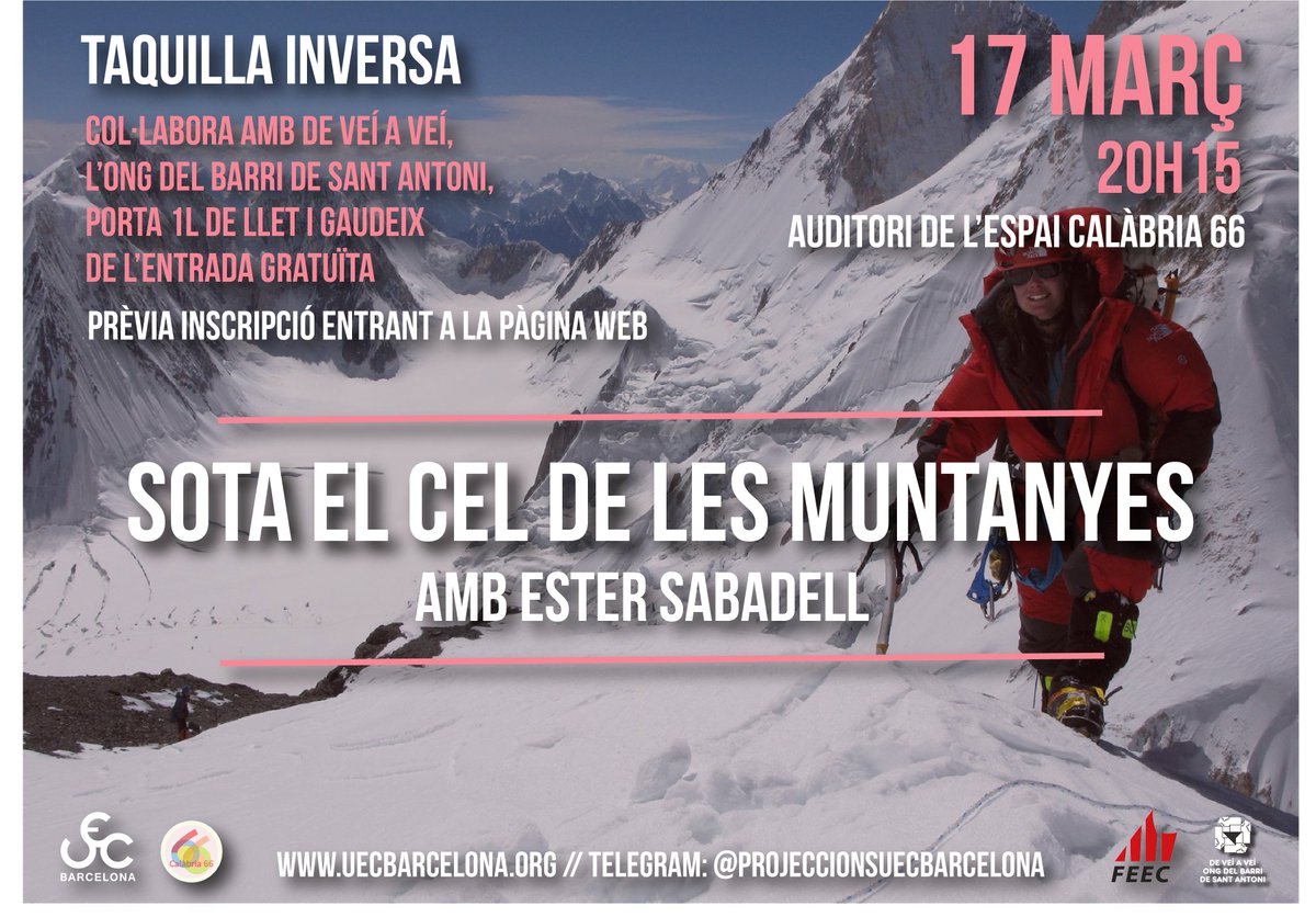 🎥🎞 "Sota el cel de les muntanyes" amb Ester Sabadell 🏔❄️🙌🏼

Propera projecció el 17 de març a les 20h15 a <a href="/calabria_66/">Federació d'Entitats Calàbria 66</a> 

Entrada gratuïta amb prèvia inscripció‼️
➡️ eventbrite.es/e/entradas-pro…