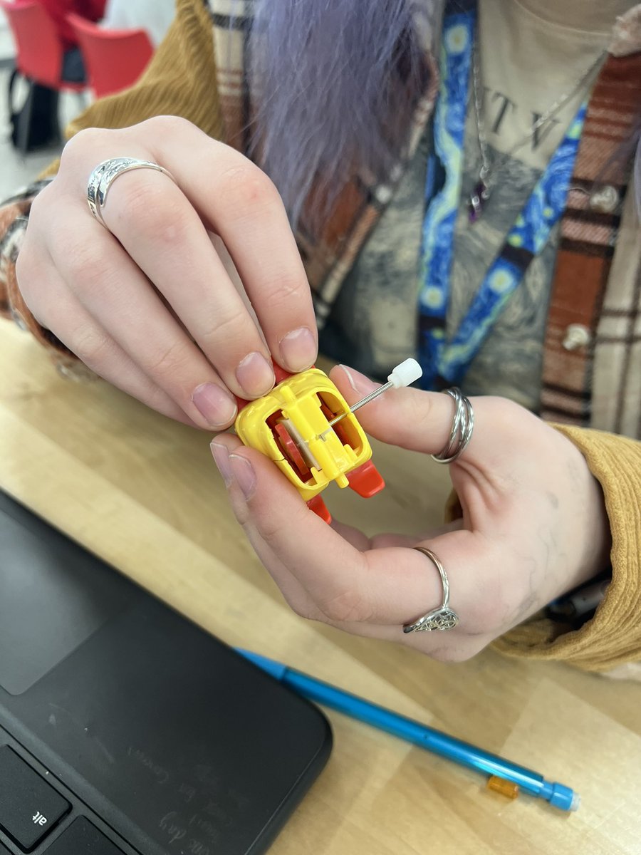 GHSEngineerTech's tweet photo. What makes a wind-up toy work and can they identify the types of motion involved? @PLTWorg #IntrotoEngDes ss are doing mechanical dissections in prep for creating  their own automata boxes. #engineeringtoys https://t.co/rI8zcj2sz1