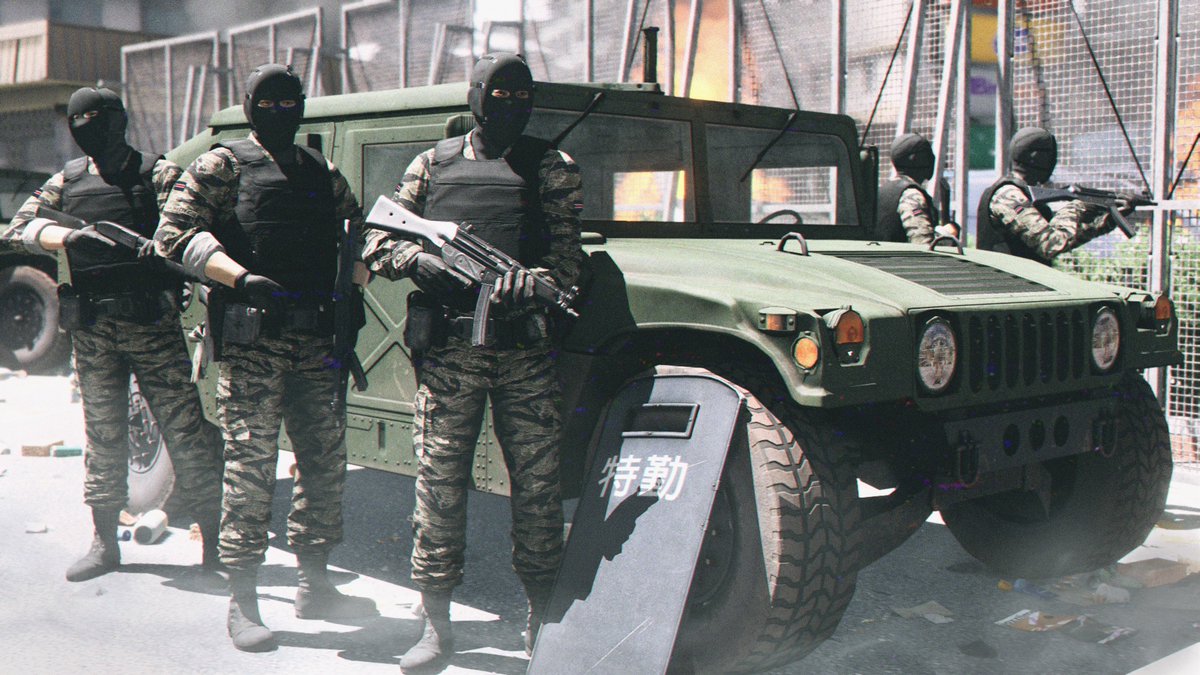 Victorfvt1's tweet photo. « Intimidation »
NDFN Marine Force 2nd MR Special Detachment deployed in Jiangju during a violent riot - Nanhae, 1994
(Thanks to @_ProfessorDeath for the edits he made on the shield, soldiers patches and fixing clipping and shadows here and here)
#Arma3 #Nanhae #NDFN https://t.co/FyXAxqJAoC