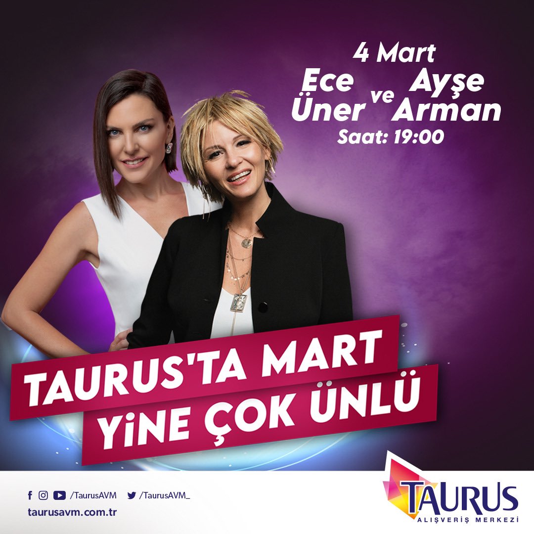 Ayşe Arman ve Ece Üner 4 Mart Cuma akşamı Taurus Avm’de olacak. <a href="/ArmanAyse/">Ayse Arman</a> <a href="/eceuner12/">Ece Üner</a> <a href="/_taurusavm/">Taurus Alışveriş Merkezi</a>