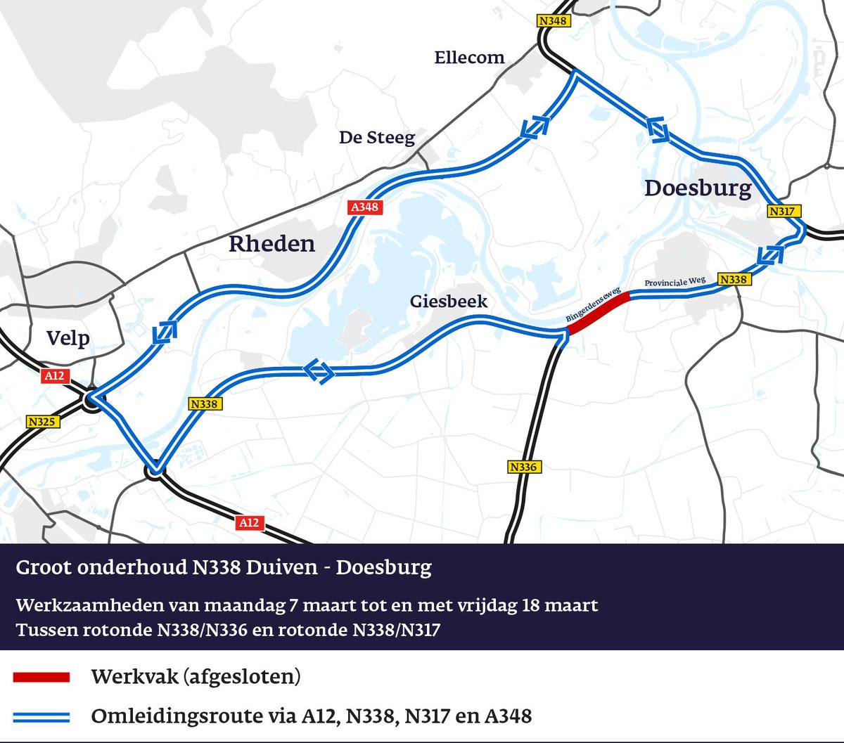 provgelderland's tweet photo. ⚠️Van 7 t/m 18 maart werk aan de Rivierweg (N338). Tussen rotonde N336 tot aan de N317. Omleidingsroute voor doorgaand verkeer in beide richtingen gaat via A12, N336, deels N338, N317 en A348. ➡️ https://t.co/m6VVSNc9Q3  @Gem_Doesburg, @Zevenaar, @GemeenteDuiven, @gem_montferland https://t.co/IC8vZyRN92
