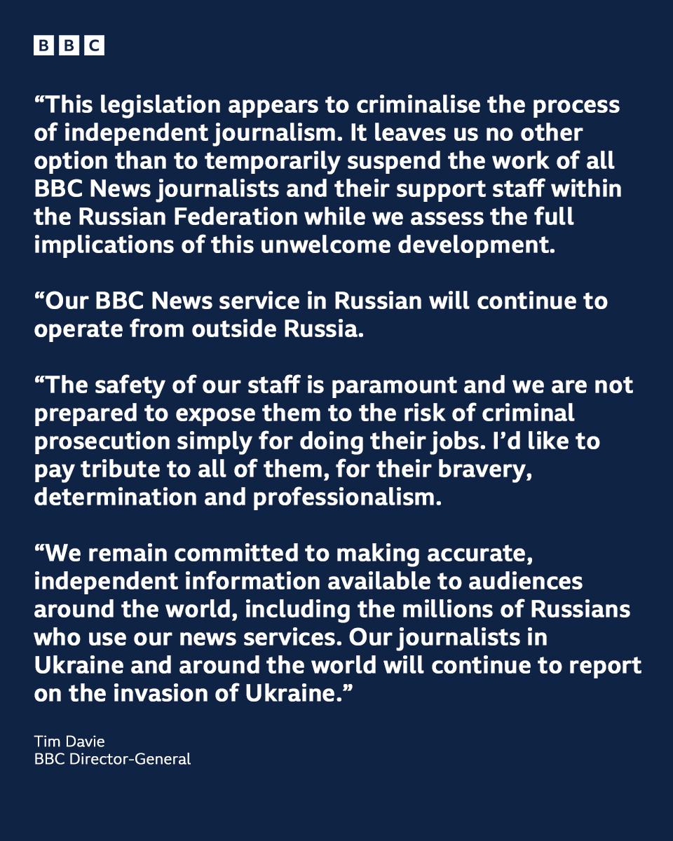 BBC statement on reporting from within Russia.
Reacting to new legislation passed by the Russian authorities, BBC Director-General Tim Davie says: