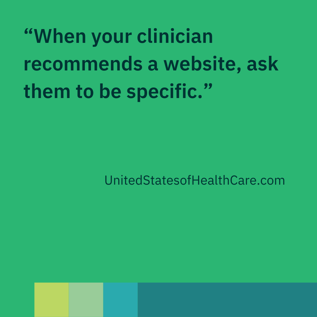 USofHC's tweet photo. When ur clinician recommends a website, ask if there are specific pages or pieces of information that are right for you. 
#healthadvocate #patientadvocate #USHC #healthliteracy  #telehealth  Head to the blog for more details https://t.co/Stwifb5Zfx @GeriLynn @S4PM @DiffCollab https://t.co/cPvBjHuvHt