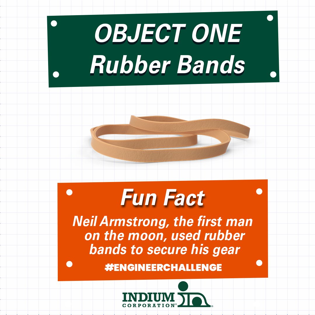 IndiumCorp's tweet photo. Ready to start the #EngineerChallenge? Today’s object was patented in 1845 by British Inventor, Stephen Perry! This object even helped Neil Armstrong secure his gear! So here it is: rubber bands, share with us what you can do with them!
#Eweek2022 #IndiumCorporation #innovation https://t.co/NEv2z5UGao