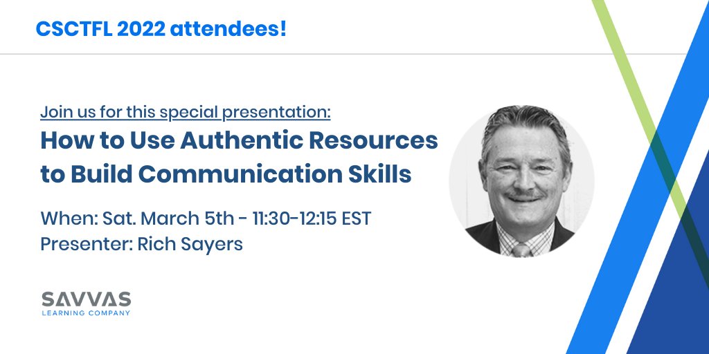 SavvasLearning's tweet photo. #CSCTFL attendees! Don't miss this upcoming presentation from @rich_sayers, #Autentico author & recipient of the Genevieve Overman Award! Request samples of our award-winning World Languages solutions anytime: https://t.co/cGknWUa7mQ
#langchat #edchat @csctfl https://t.co/QnNrTStnb3