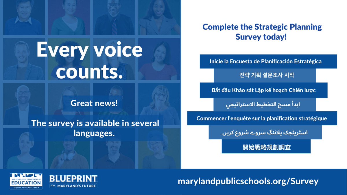 MdPublicSchools's tweet photo. The State Board &amp; MSDE invite all Marylanders to participate in the Strategic Planning Survey to share their experiences &amp; ideas that will help define the future of public school education.

 Visit https://t.co/A5u01dt83A to begin! https://t.co/ZRcohXYNVr