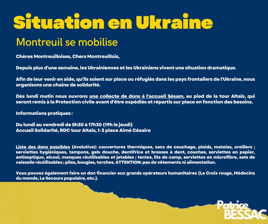 PatriceBessac's tweet photo. Situation en Ukraine, #Montreuil se mobilise. #StandWithUkraine️ https://t.co/HOYutCyChU