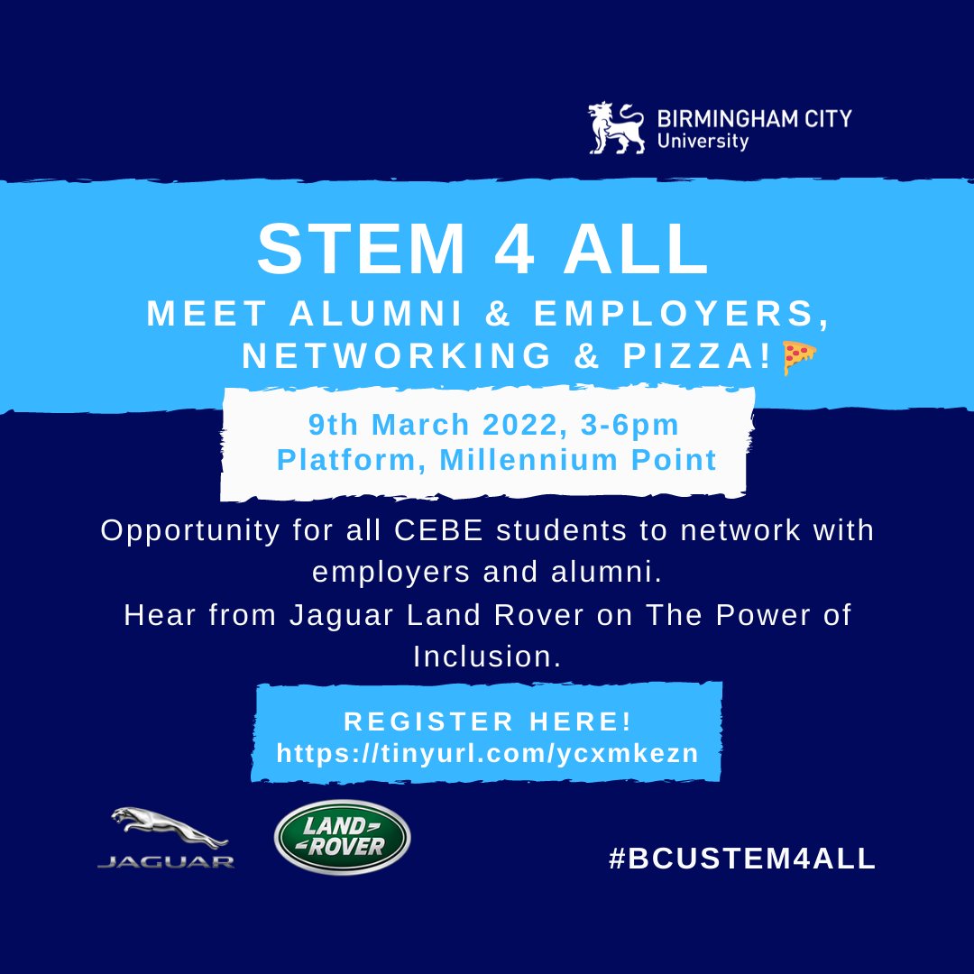 BcuEngineering's tweet photo. Meet the employer and Grow your network!
Grab this fantastic opportunity to Meet Alumni and enjoy free Pizza🍕
SAVE THE DATE - 9th  March (3-6pm)
click the link below 👇
https://t.co/8QPrGw3X2o

#BCUSTEM4ALL #BCUCEBE #BCUENGINEERING https://t.co/scFs5C2bZ6