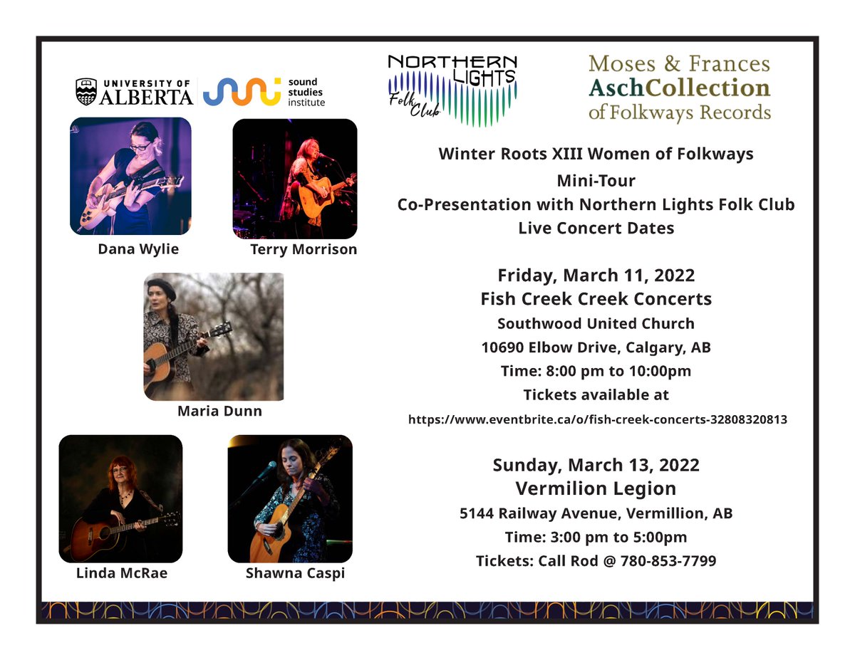 Sounds_UAlberta's tweet photo. Women of Folkways Mini-Tour 2022
Friday, March 11 - Fish Creek Concerts - Calgary
Sunday, March 13 - Vermilion Legion - Vermilion
@Sounds_UAlberta @AschCollection @UofAFineArt
@shawnacaspi @mariadunnmusic @dana_wylie
@ckuaradio @lindamaemcrae @NLFClu https://t.co/zKa13a5zwj