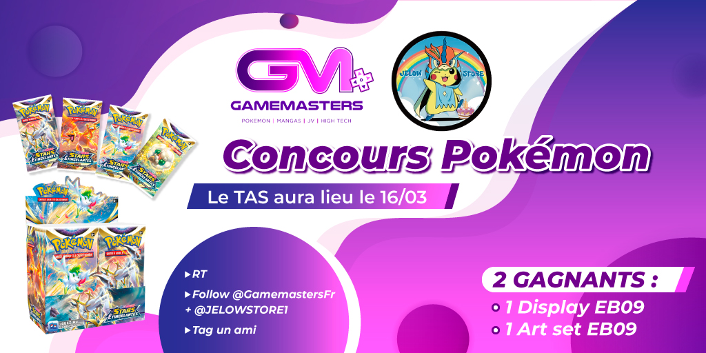 GamemastersFr's tweet photo. 🎁 #Concours 

Un display Stars Étincelantes de 36 boosters ainsi qu'un art set sont à gagner🔥

Pour tenter ta chance :

🔷 RT ce Tweet
🔷 Suivez @JELOWSTORE1 et @GamemastersFr 
🔷 Tag un ami

💰 2 gagnants tirés au sort

🍀 TAS: 16/03 

#Pokemon https://t.co/QdPvmTDQn9