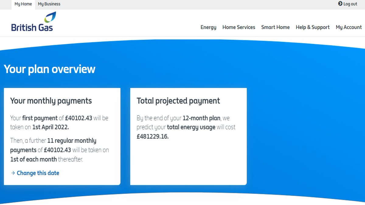 Jamie_McIntosh's tweet photo. Everyone is talking about the energy price hike, but I think my @BritishGas bill is a tad steep?! For comparison my last bill was £290. My bill hasn't doubled or trebled but increased 138 times!
#energy #energycrisis #britishgas #inflation https://t.co/kmMQW5yisU