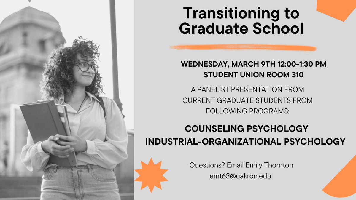 zipspsych's tweet photo. Happy Friday Zips! Are you interested in going to graduate school for psychology but don’t know where to start? Check out this upcoming informative Transitioning to Graduate School panel to hear from current graduate students! https://t.co/6uYGMOjFIY