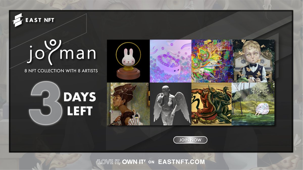 Tomorrow, 8 artists from Joyman Gallery, including Aitoy, Bobby Leash, James Jennarong, Kittaya Poolsawatdi, NumNum.Pals, Tarntara, Tawan, and Wishulada will launch their NFT collections at @eastnftofficial

Visit EASTNFT.com

#JoymanGallery #EASTNFT #NFTThailand