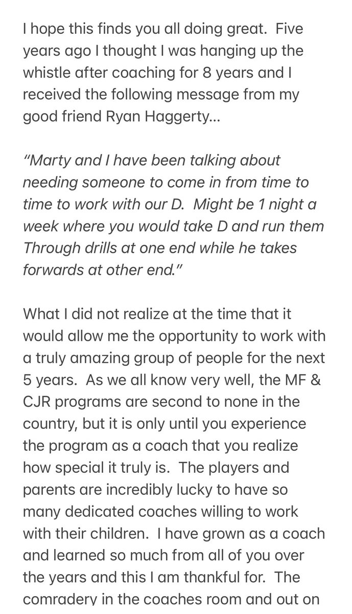 MFYHAHockey's tweet image. This is what makes a program great! People like Coach Winter. Thank you for your time and dedication to our program, players and families. Take the time to read the note he sent. If you are a Coach read it a few times! @mstlouis_26 @usahockey @NEHockeyJournal #MF