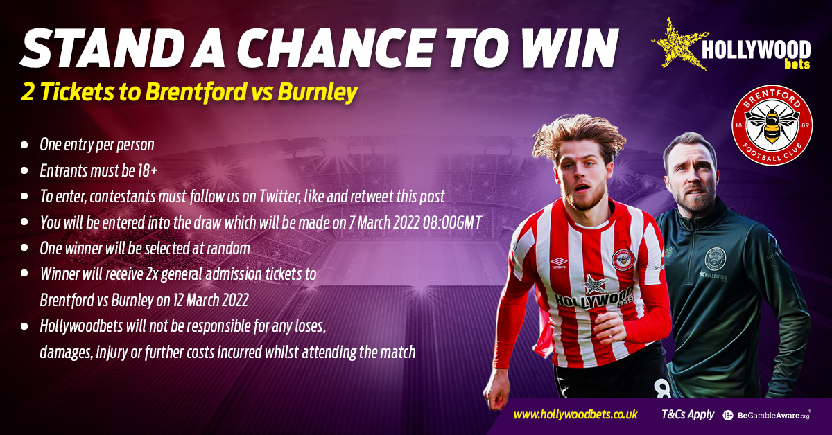 HWbetsUK's tweet photo. TICKET GIVEAWAY! 🐝

Stand a chance to win two tickets to @BrentfordFC vs Burnley taking place on 12 March 2022 ⚽

To enter, simply FOLLOW us, LIKE and RETWEET this post.

It's that easy! 😁
T&amp; Cs apply! https://t.co/m0C4G9Jf18