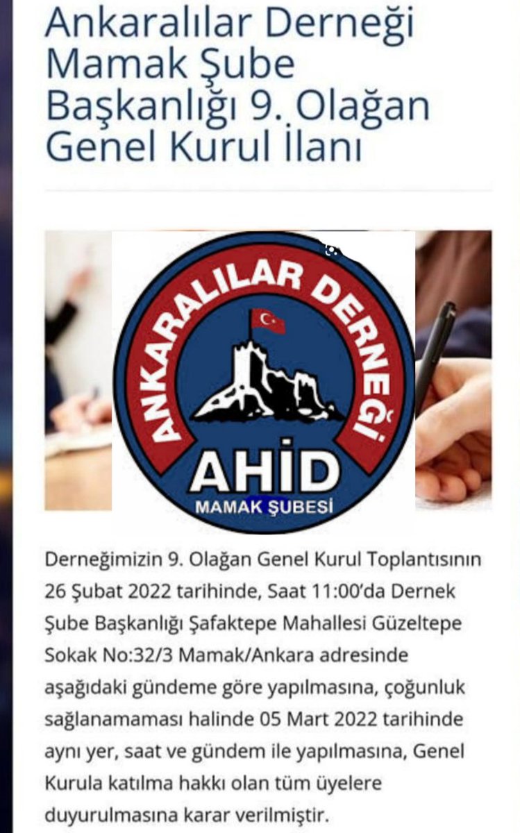 MamakAhid's tweet photo. 05.03.2022 de Saat 11:00 de yapilacak olan Genel Kurulumuza Tüm Hemşerilerimiz davetlidir. 
AhidMamak Şb. Bşk. Osman EMİR

@MamakAhid @AhidAnkara06 @AhidKadinlari @ankara https://t.co/CA1uosKFu2