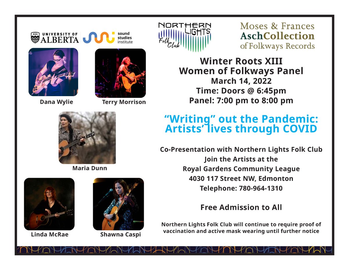 Sounds_UAlberta's tweet photo. Monday, March 14, 2022 - 7:00 pm
Panel Discussion Women of Folkways Artists
Royal Gardens Community Hall, 4030 117 Street, Edmonton
@Sounds_UAlberta @AschCollection @UofAFineArt
@shawnacaspi @mariadunnmusic @dana_wylie @ckuaradio @lindamaemcrae @NLFClub https://t.co/sN7mGMfiva