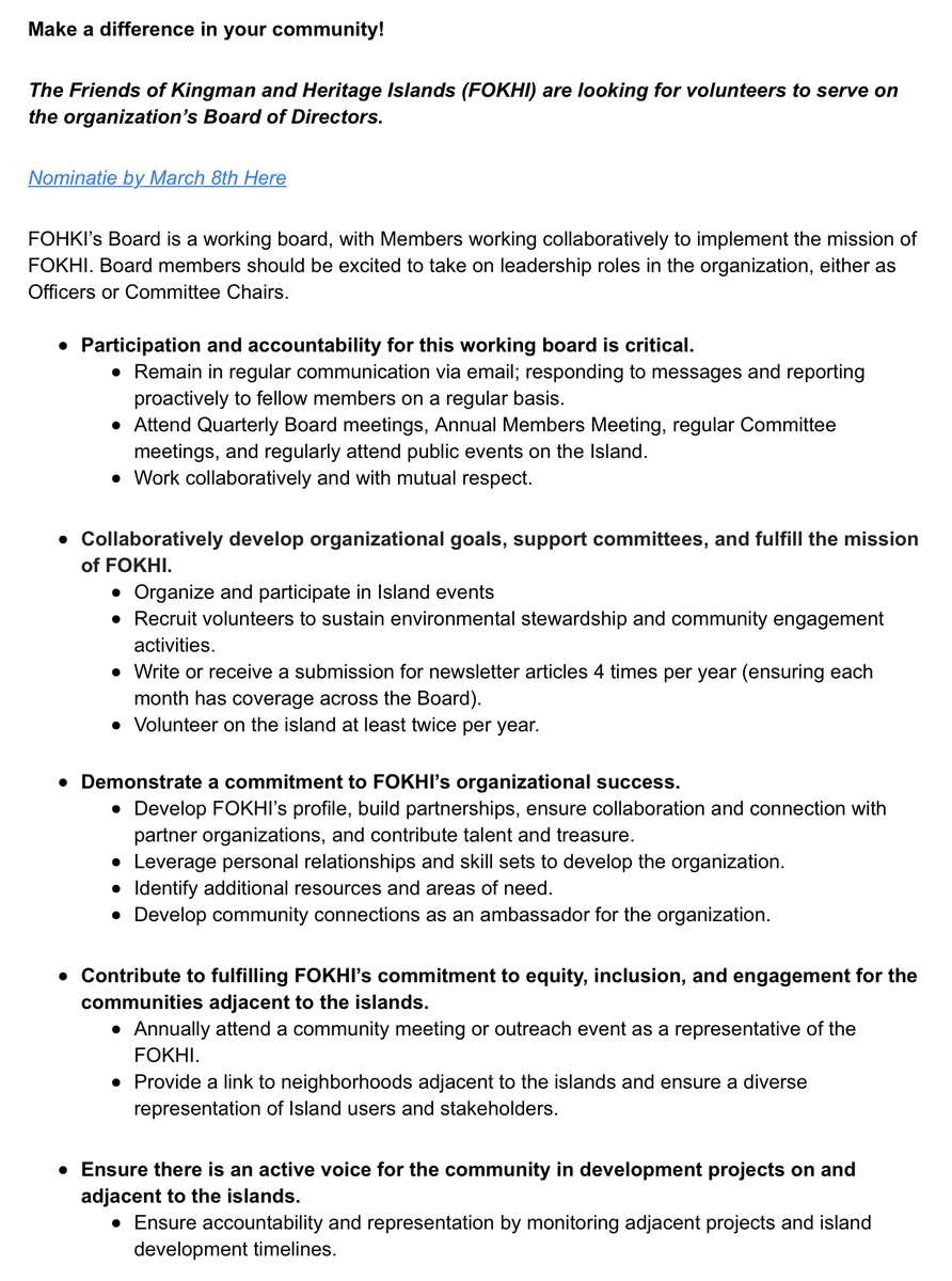 The Friends of Kingman and Heritage Islands (FOKHI) are looking for volunteers to serve on the organization’s Board of Directors. Nominate by March 8th:  forms.gle/xepzYf6zzTc2Df…