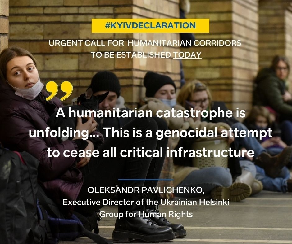 ‼️ Humanitarian corridors are critical to helping the victims of Putin's war escape some of the worst fighting in the country. Join the call to make sure that people who are trapped have access to food, water, medicine, and other supplies! #StopPutinsWar #KyivDeclaration