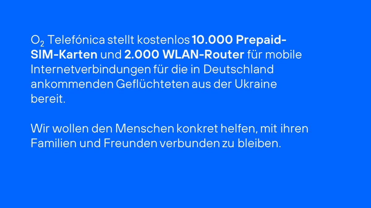 Als konkrete Hilfe für die in Deutschland ankommenden Geflüchteten aus der Ukraine stellen wir kostenlos 10.000 Prepaid-SIM-Karten &amp; 2.000 WLAN-Router bereit. Weiterhin sind Anrufe/SMS in die Ukraine und dortiges Roaming kostenfrei. Alle Informationen: bit.ly/3vF8aEj
