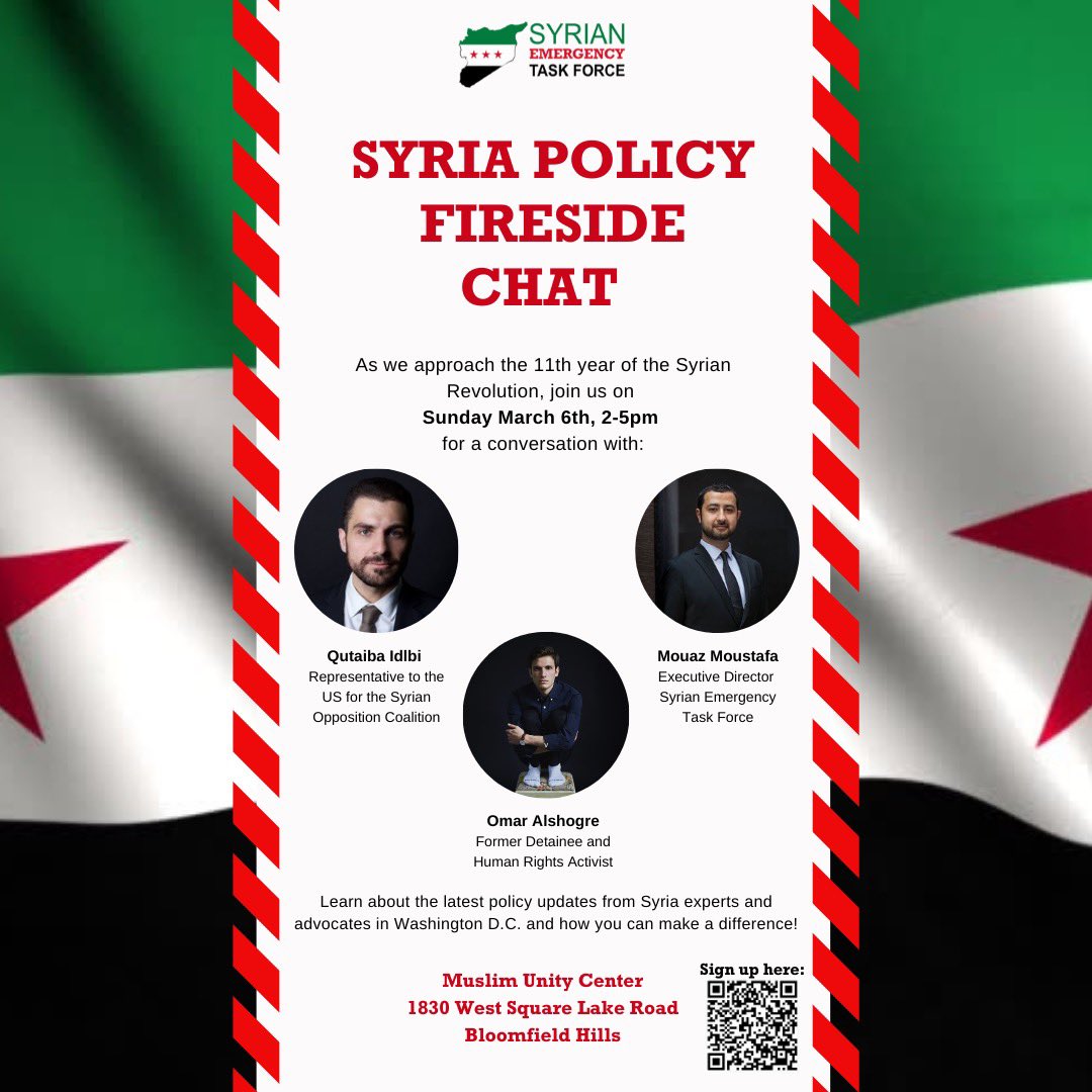 syrianetf's tweet photo. Michigan folks! Sign up for an event with our very own @SoccerMouaz , former detainee and human rights activist @omarAlshogre , and Quitaiba Idlibi, Representative to the US for the Syran Opposition. #Michigian #FreedomForTheForgotten #FreeSyria #SETF https://t.co/cY5vIMx5LG https://t.co/k5nz0kVhzF