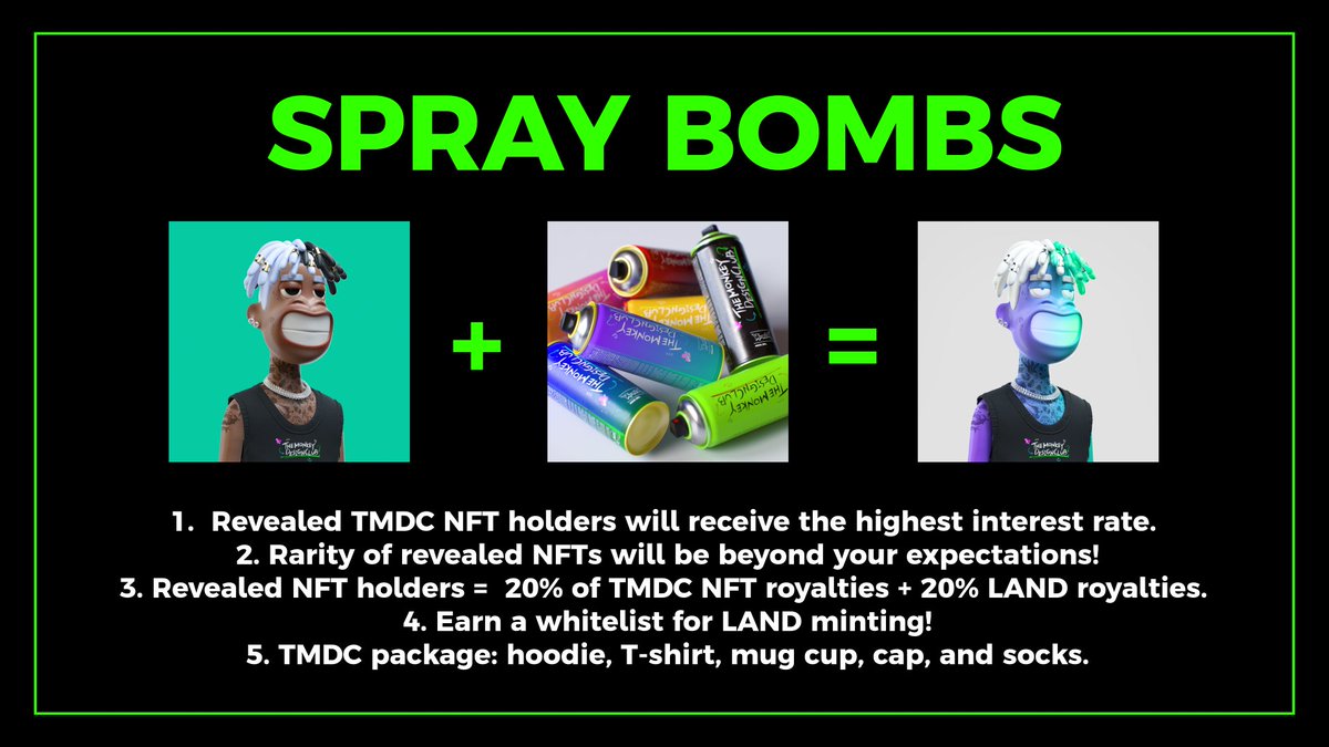 THEMONKEYDC's tweet photo. SPRAY BOMBS to be airdropped only to TMDC holders! 

Total Supply of SPRAY BOMB: 555 
We will be giving out 200 SPRAY BOMBS to holders with the most TMDC NFTs. 
The other 300 SPRAY BOMBS will be available for holders to mint first come first serve. 

👇 https://t.co/RhRoFzKKNQ