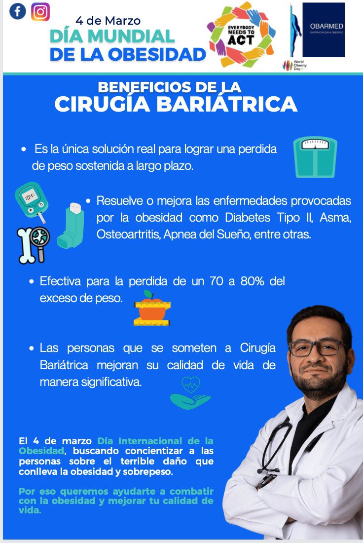 IFballesteros's tweet photo. Hoy se celebra el día mundial de la obesidad! No se trata solo de estética! Sino de salud, juntos contra la obesidad! Siempre el mejor resultado se obtendrá cuando se trabaja con un equipo multidisciplinario. #obesidad #worldobesityday #Everybodyneedstoact #cirugíabariátrica https://t.co/rL4RBurYch