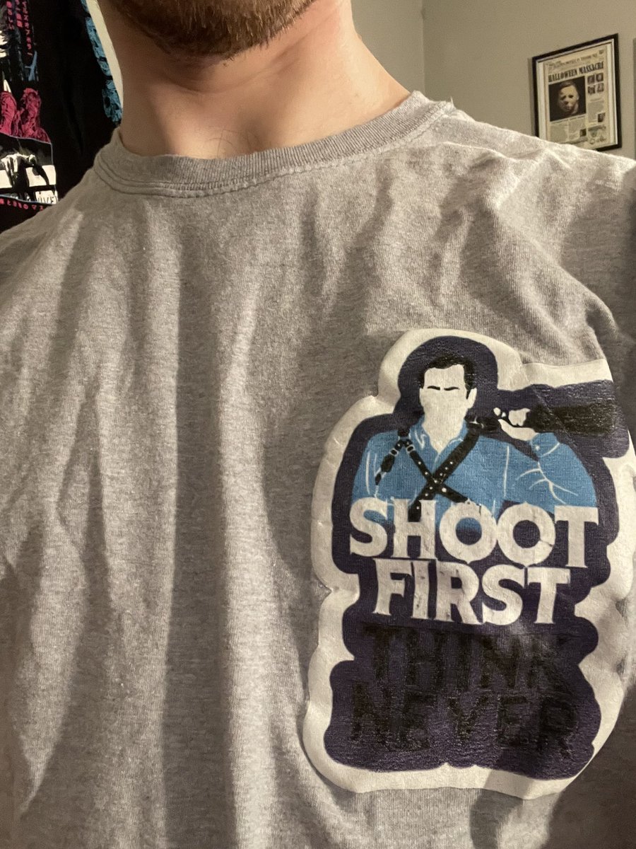 What’s your favorite quote from The Evil Dead franchise? (The shirt says shoot first, think never by the way) #Evildead #HorrorMovies