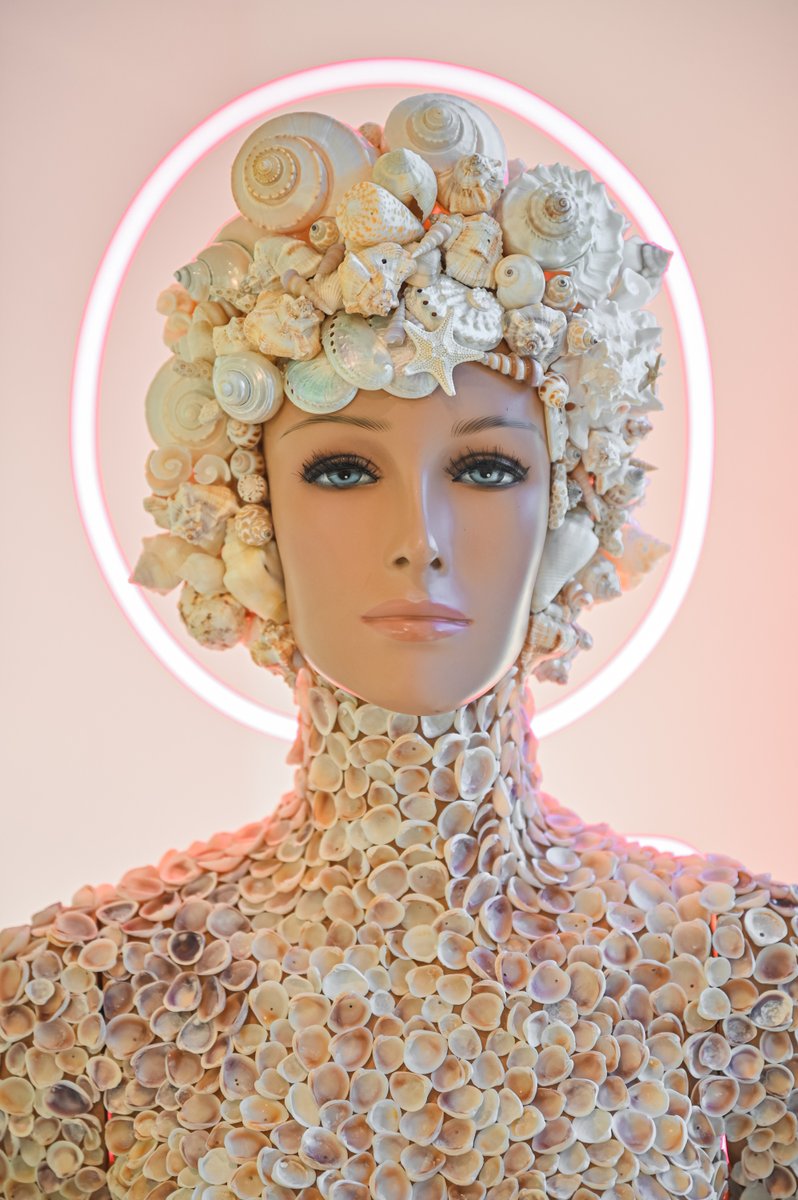 This mixed media sculpture of shells I collected and mother of pearl surrounded by a pink glass neon tube is titled “Ocean Armor”.

You can see her currently on display @imaginemuseum

Do you ever collect seashells by the seashore? 🐚💖🦪