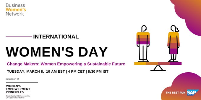 This #IWD2022, join some of <a href="/SAP/">SAP</a>’s finest at the "Change Makers: Women Empowering a Sustainable Future" #VirtualEvent! 

An incredible way to celebrate #InternationalWomensDay! Register here: bit.ly/35sLahb 

#IWD #WomensHistoryMonth #WomenInBusiness #GenderEquality