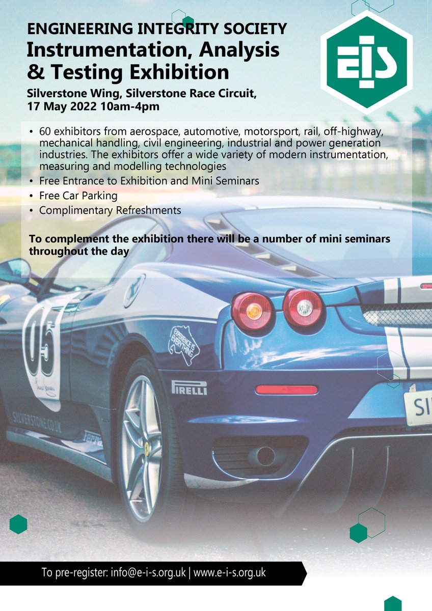 Join us at Silverstone for this year's Instrumentation, Analysis and Testing Exhibition - 17 May 2022.
For more information visit: e-i-s.org.uk/instrumentatio…
