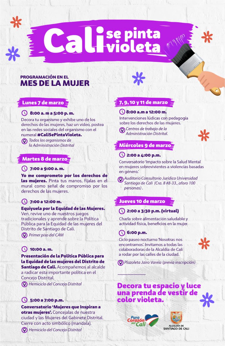 DADIICali's tweet photo. En marzo #CaliSePintaVioleta en conmemoración al día internacional de la mujer 💜

📅 Conozca la programación de actividades que se tienen desde el lunes 07 al 11 de marzo.

📌 El 8️⃣ de marzo te esperamos con una prenda de color violeta 💜 https://t.co/4odkcjvwiX