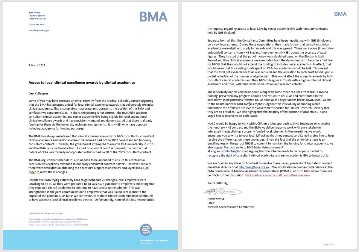 BMA Medical Academics (@bma_academics) on Twitter photo Letter to medical academics from BMA Medical Academic Staff Committee Chair <a href="/DocStrain/">David Strain</a> on the BMA’s ongoing support for the right of access to CEAs by clinical academics: Letter to medical academics from BMA Medical Academic Staff Committee Chair <a href="/DocStrain/">David Strain</a> on the BMA’s ongoing support for the right of access to CEAs by clinical academics: