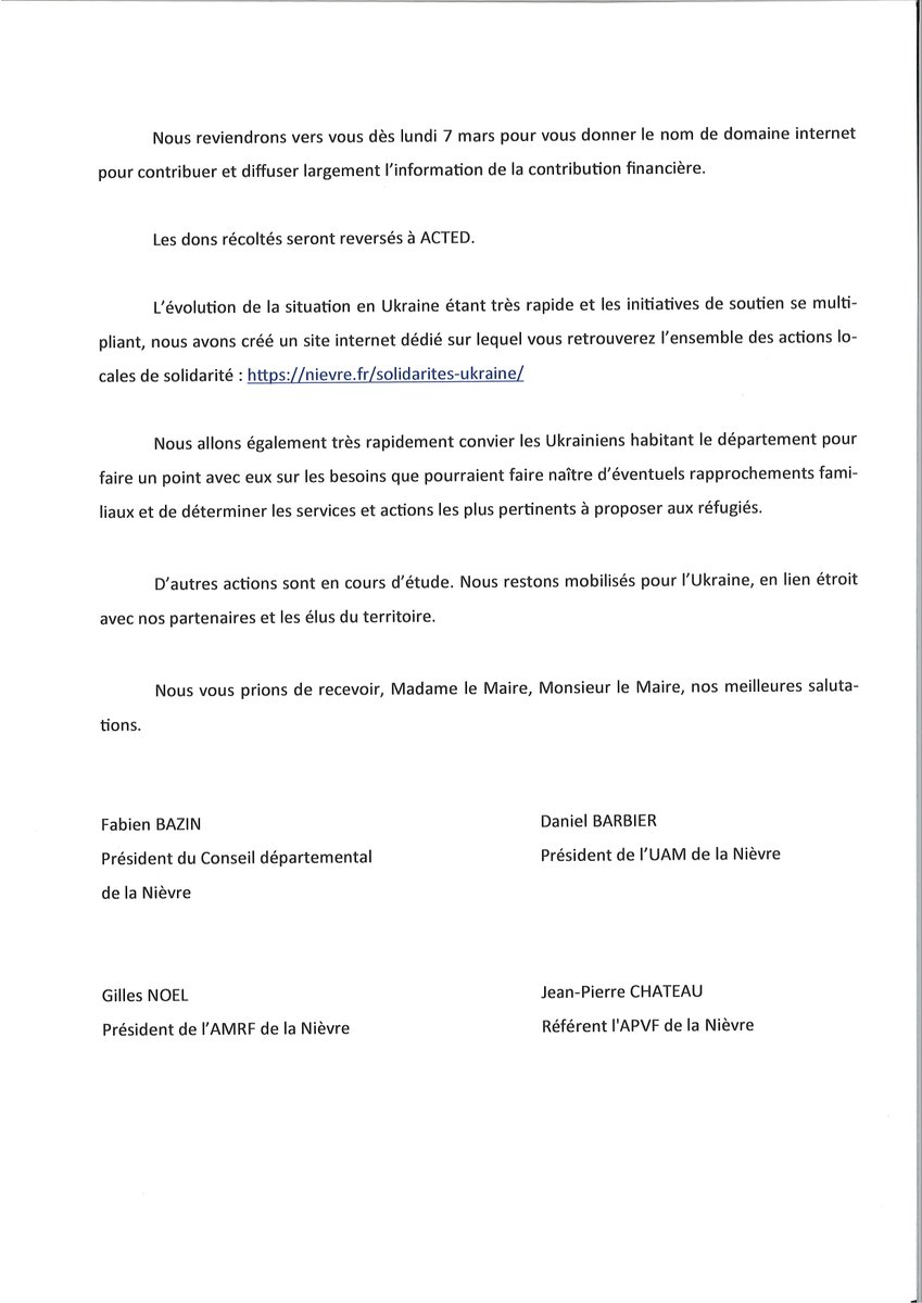 🇺🇦 L'équipe départementale et ses partenaires se mobilisent pour la population ukrainienne. Plusieurs actions sont en cours et à l'étude. J'adresse aujourd'hui le courrier suivant à l'ensemble des Maires du Département. 🇺🇦