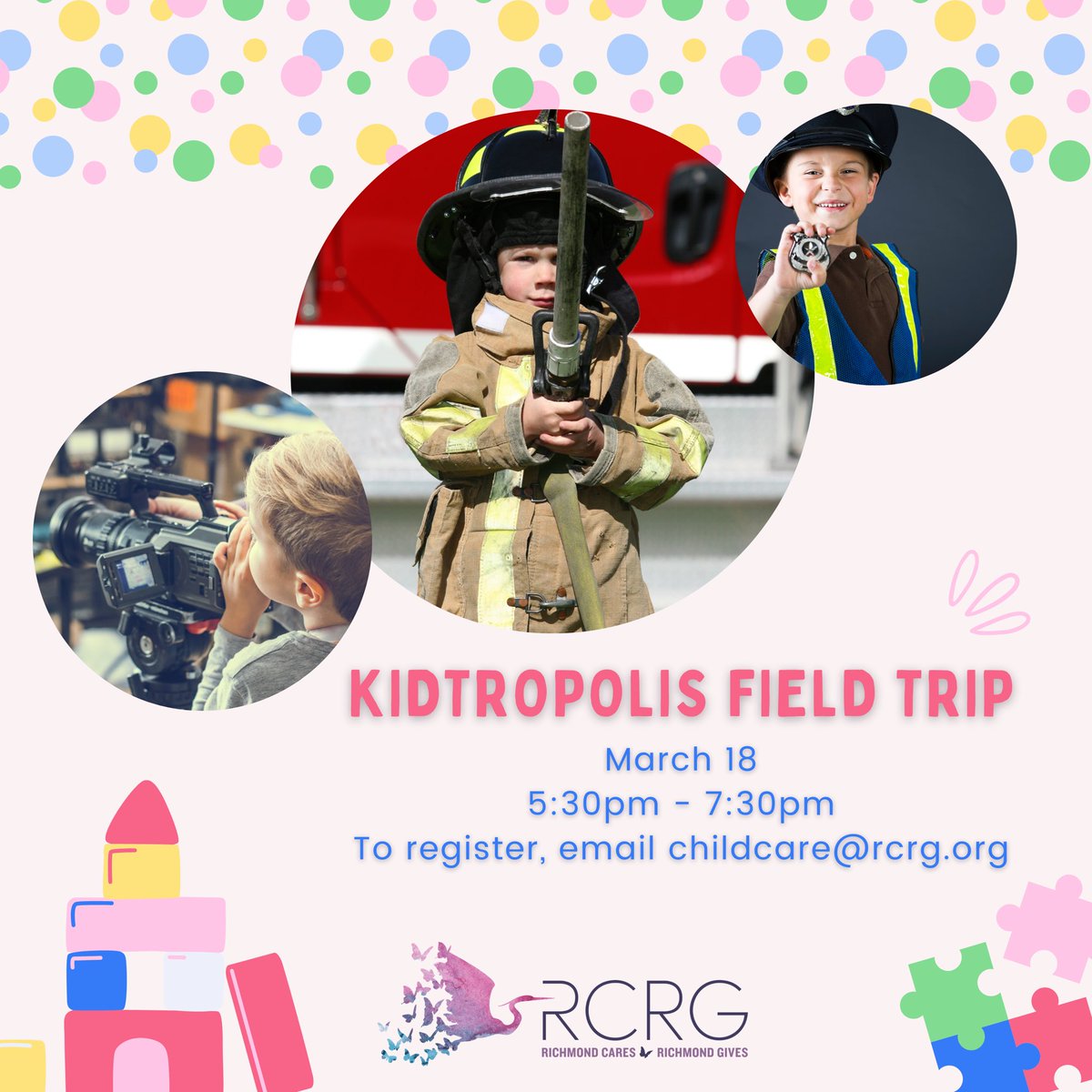 On March 18, families are invited to join our Child Care Resource &amp; Referral Centre on a field trip to <a href="/KidtropolisYVR/">KidtropolisCanada</a> Spend the evening exploring an 18,000 sf pretend city, where children can become firefighters, doctors, teachers, and more! To register, email childcare@rcrg.org