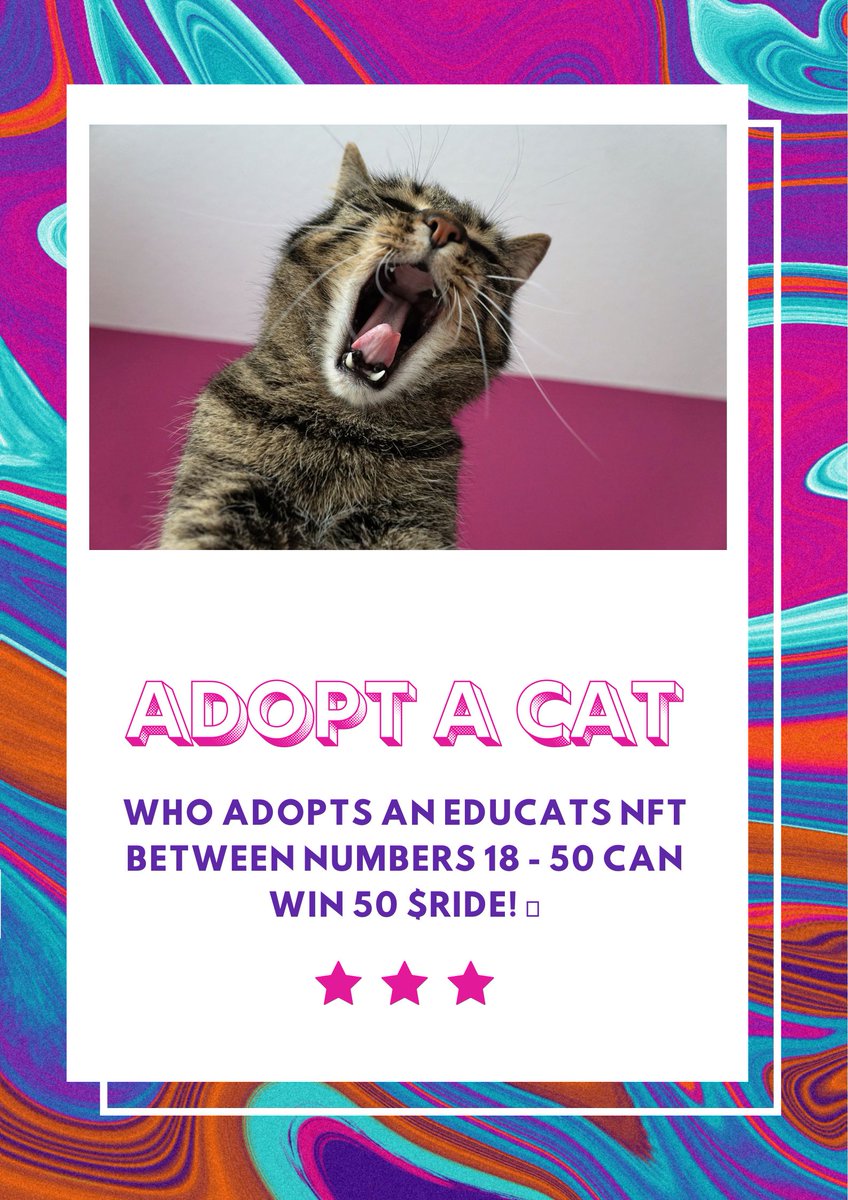 Quick contest! ⚡️⚡️

Who adopts an EduCATs NFT between numbers 18 - 50 can win 50 $RIDE! 💸

How to win:
✅ RT ,  ♥️  and mint a #EduCATs at:
 trust.market/buy/EduNFT 😺

End: after 50 #NFTs minting

#ElrondCommunity #ElrondNFTs #Elrond   #adoptacat #NFTCommunity  #NFTcollections