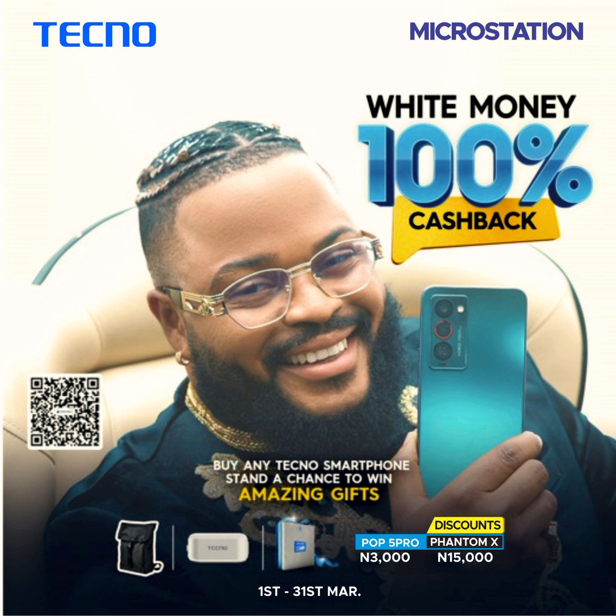 MicrostationNg's tweet photo. TECNO X WHITE MONEY PROMO

You stand a chance to get lots of amazing gift items, up to 100% cashback and discounts when you buy any of the selected TECNO smartphones.

Don’t miss out! Hurry to any MicroStation stores to make your purchase now.

Offer valid from 1st-31st of March. https://t.co/pMQfVMv7GP