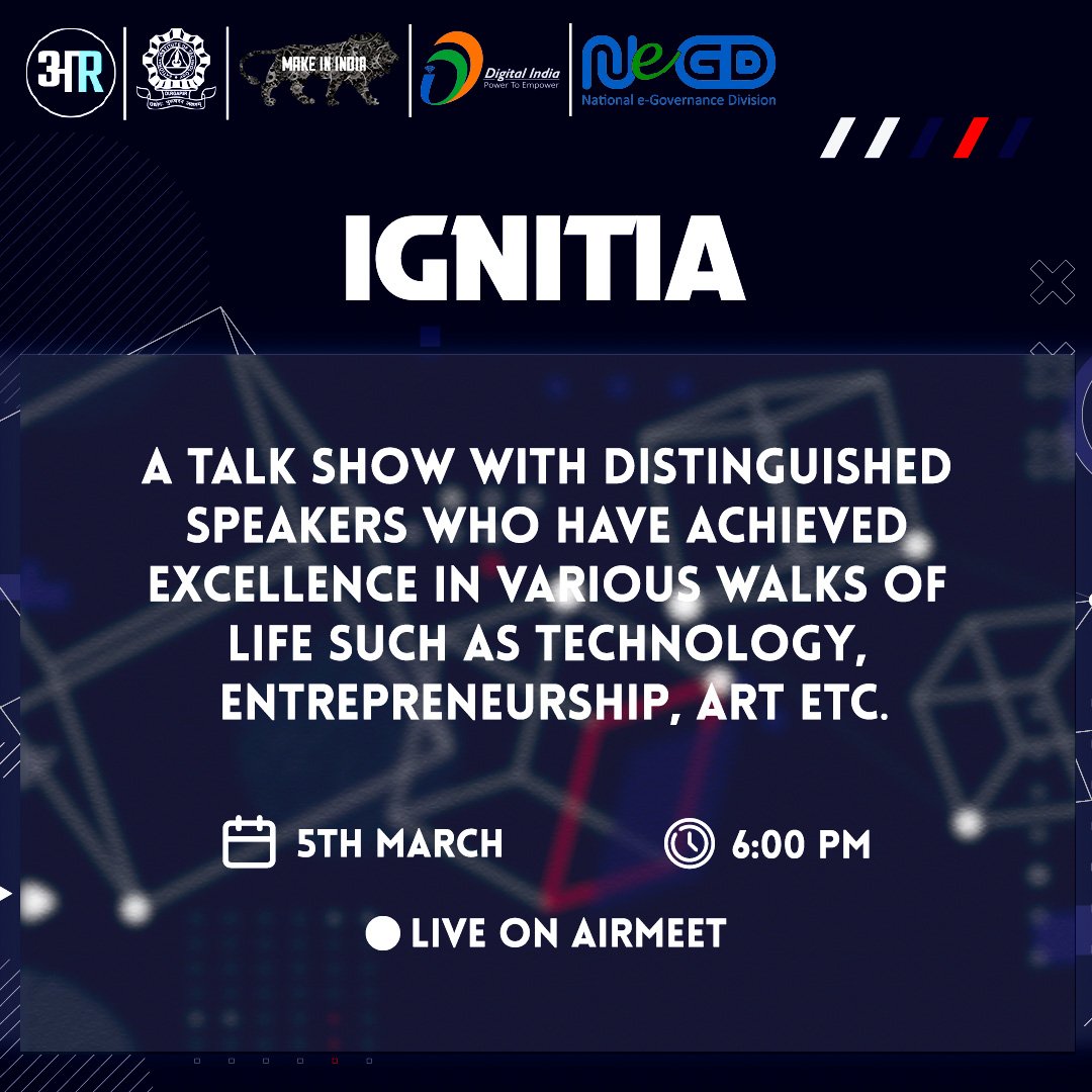 aarohan_nitdgp's tweet photo. This @aarohan_nitdgp, we present before you, Ignitia, a talk show where we bring in eminent personalities from various walks of life, who overcame all odds and rose to prominence.
Stay tuned for the speaker reveal!✨
5 March 2022 6 PM

#Aarohan #TeamAavishkar
#DemystifyingFuture https://t.co/tjZ7oMF44c