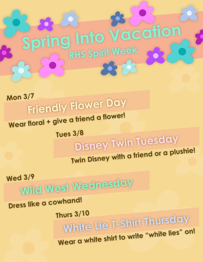 Spring Break is almost here, and Link Crew is helping you get ready with a “Spring into Vacation” Spirit Week! So, let’s have some fun and show off our school spirit all week long! #lightsonknights #rialtohigh
