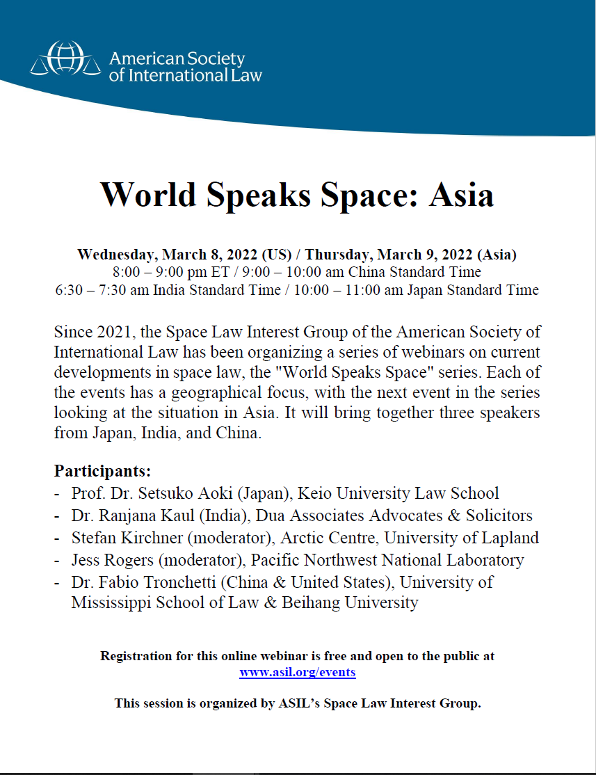 asilorg_SLIG's tweet photo. Join us Wednesday evening for our FINAL event of the "World Speaks Space" series, this time with three outstanding space law experts from Asia. Register for free at: https://t.co/YCYh65b7pA. https://t.co/xc4MnOBK6A