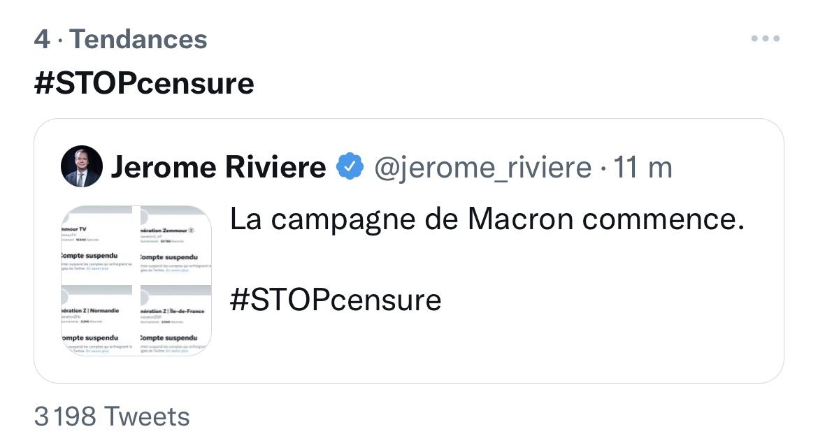Samuel_Lafont's tweet photo. #STOPcensure monte très vite en Tendance pour dénoncer la censure des soutiens d’Éric Zemmour ! https://t.co/Y2HpPQJWhx